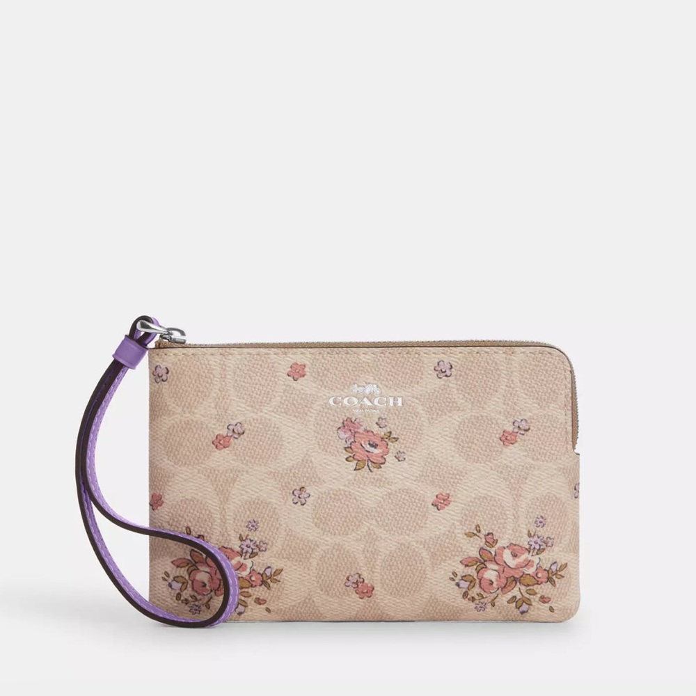 NWT Coach Corner Zip Wristlet In Signature Canvas With Floral Print